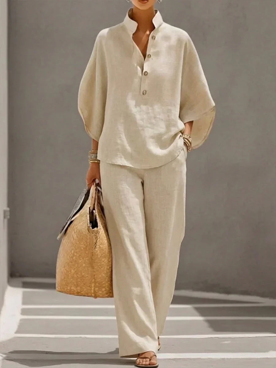 Sophie | Linneset med batwing-ärmar och vida byxor