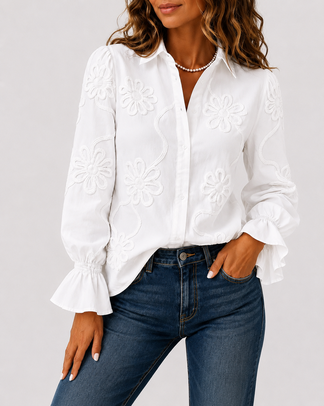 Informell blus med blommönster
