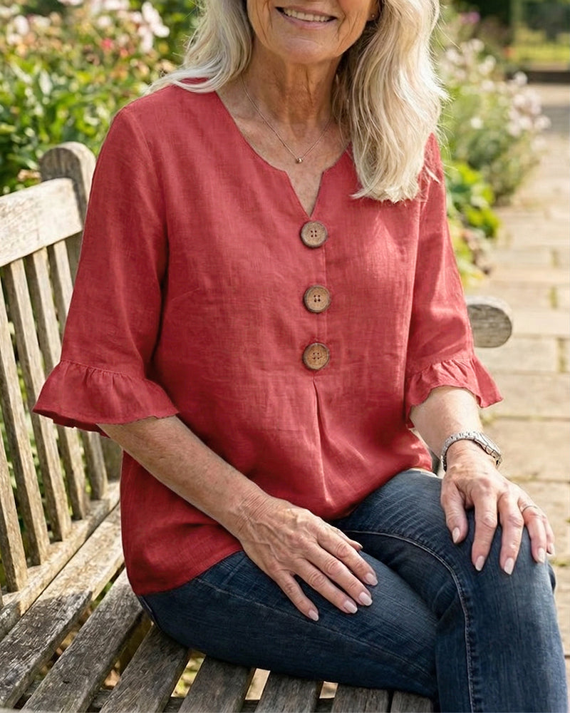 Blusas Sophia lisas de algodón y lino con botones de madera