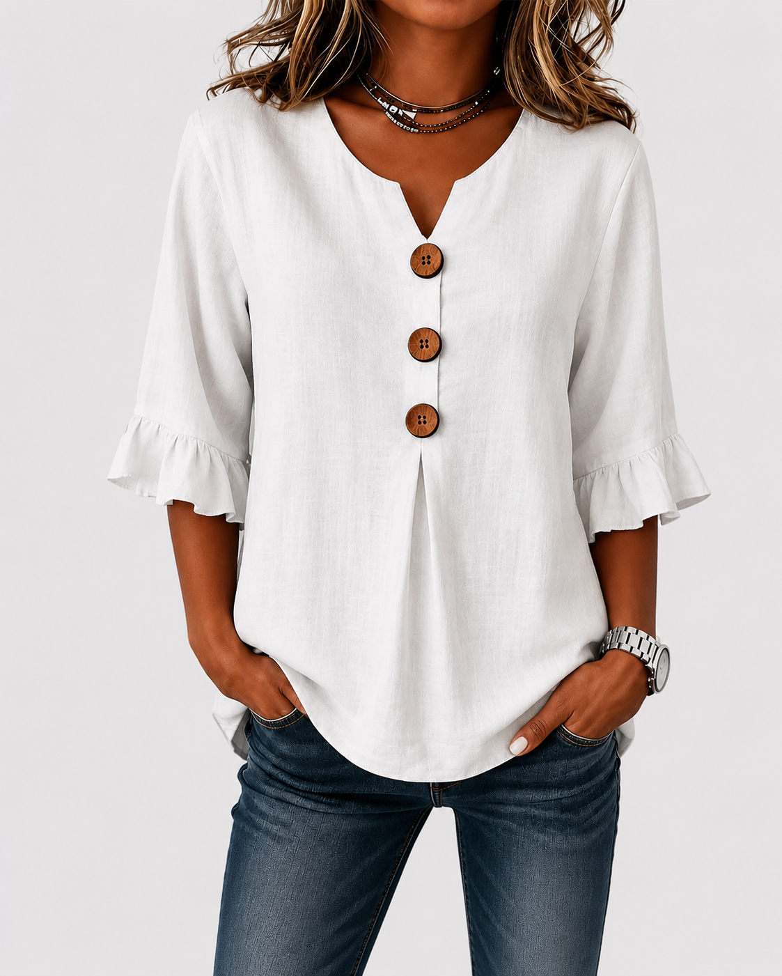 Blusas Sophia lisas de algodón y lino con botones de madera