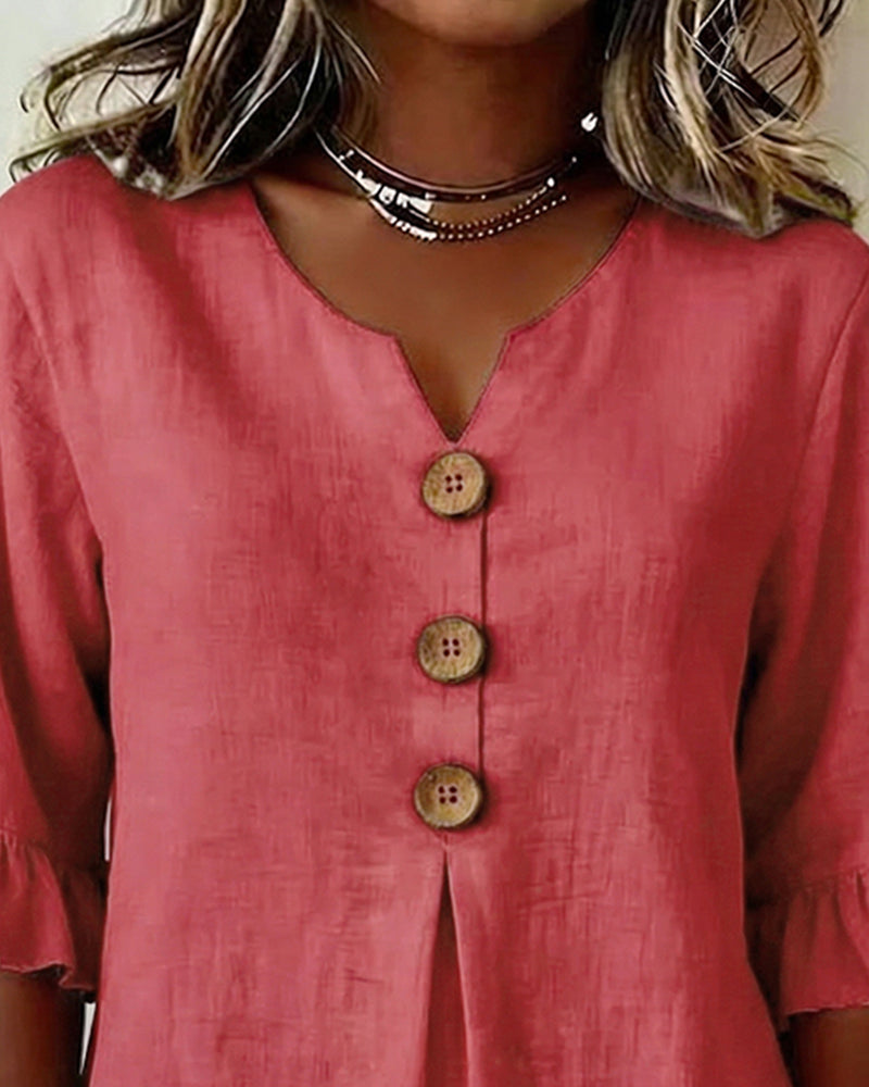 Blusas Sophia lisas de algodón y lino con botones de madera