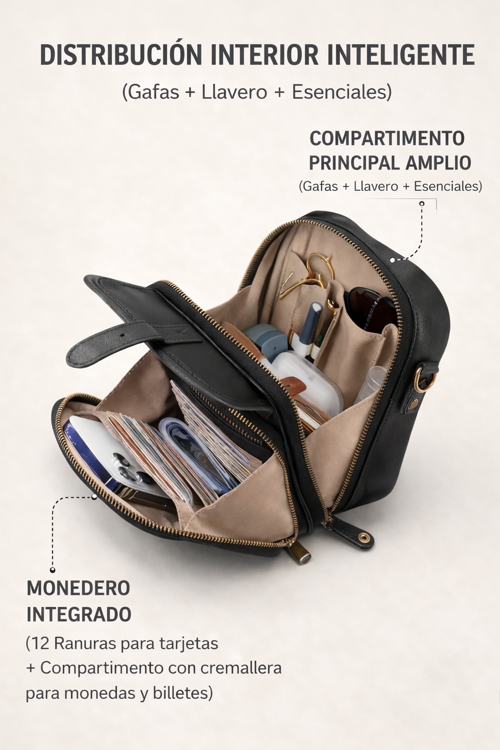 Bolso bandolera compacto de piel para mujer