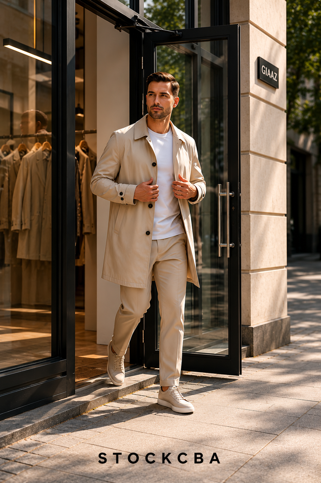 Sommartrenchcoat för män, klassisk, punto milano, tekniskt tyg