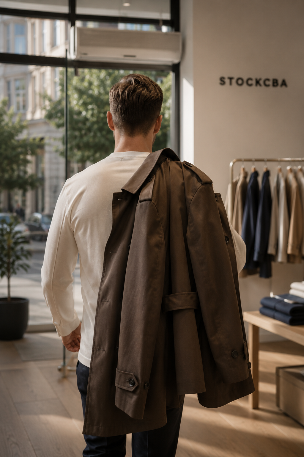 Sommartrenchcoat för män, klassisk, punto milano, tekniskt tyg