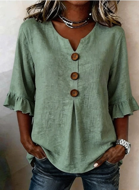 Blusas Sophia lisas de algodón y lino con botones de madera