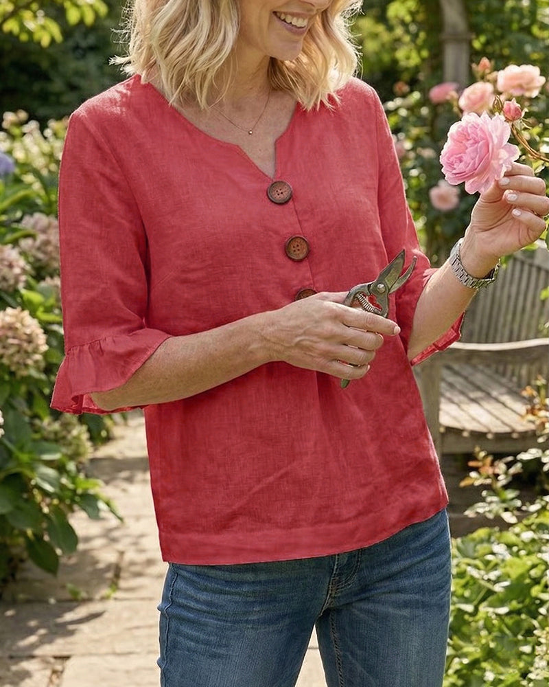 Blusas Sophia lisas de algodón y lino con botones de madera
