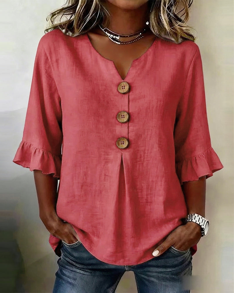 Blusas Sophia lisas de algodón y lino con botones de madera