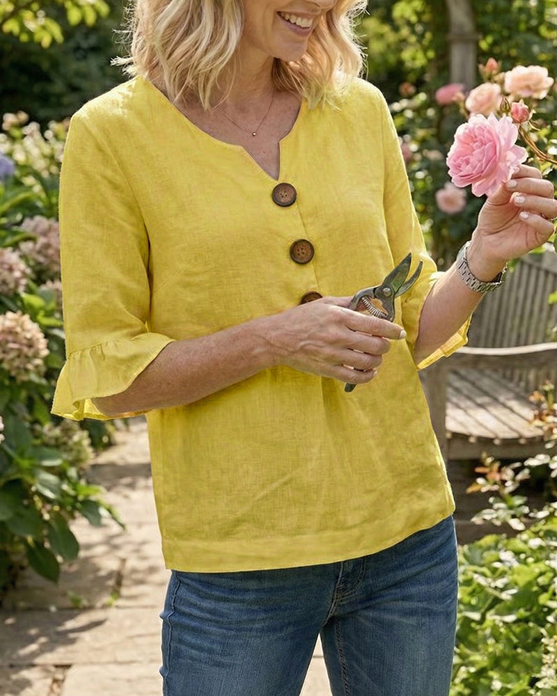 Blusas Sophia lisas de algodón y lino con botones de madera