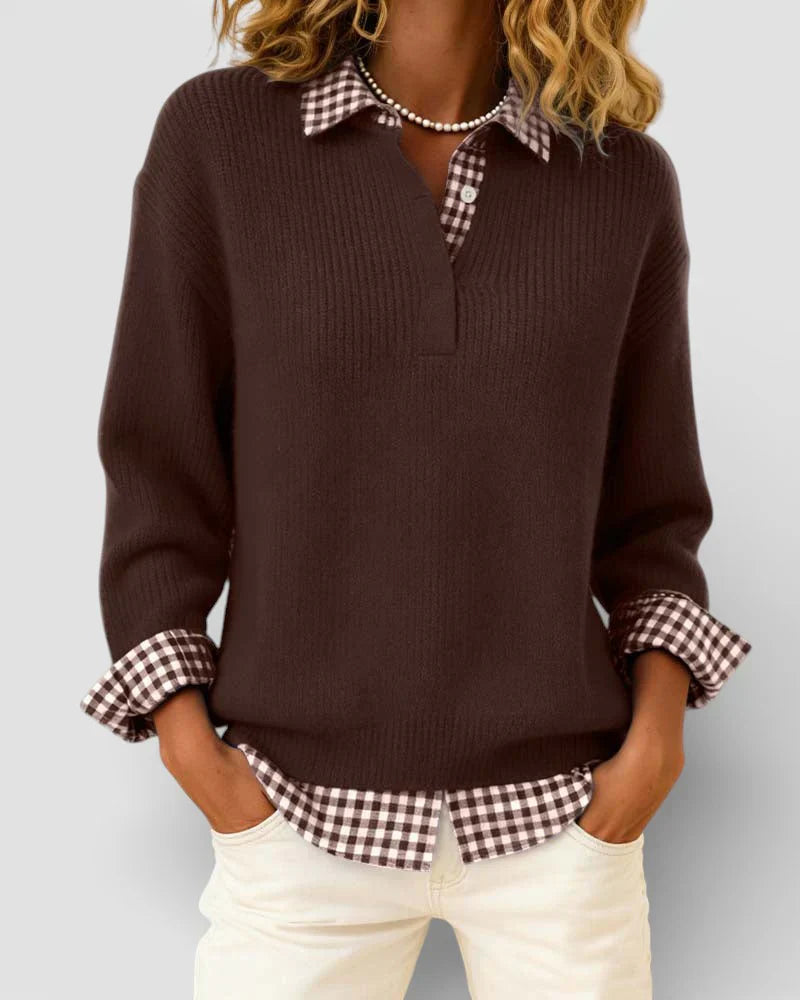 Stickad tröja med rutig skjortdetalj