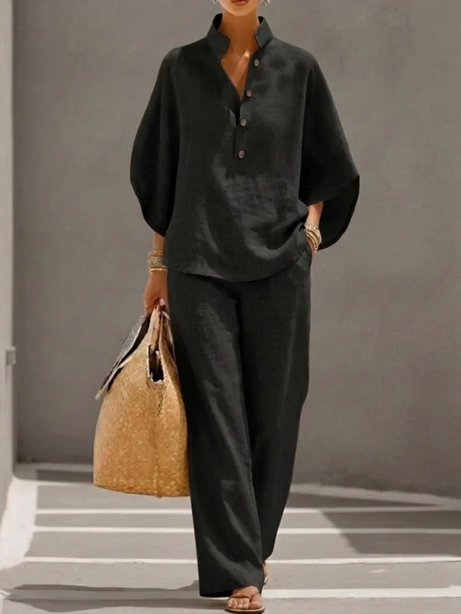 Sophie | Linneset med batwing-ärmar och vida byxor
