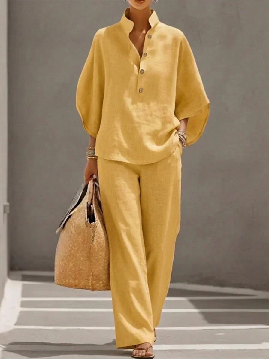 Sophie | Linneset med batwing-ärmar och vida byxor