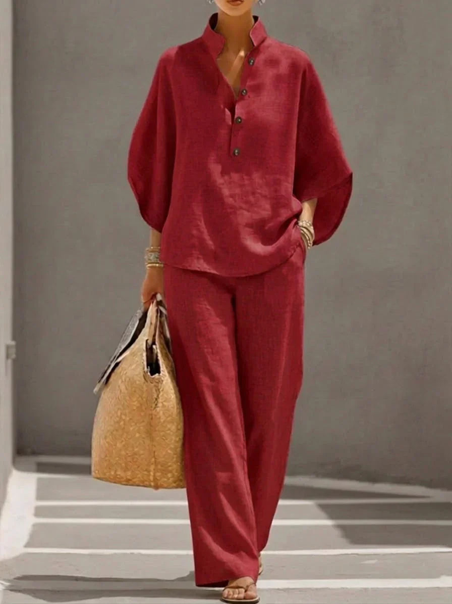 Sophie | Linneset med batwing-ärmar och vida byxor